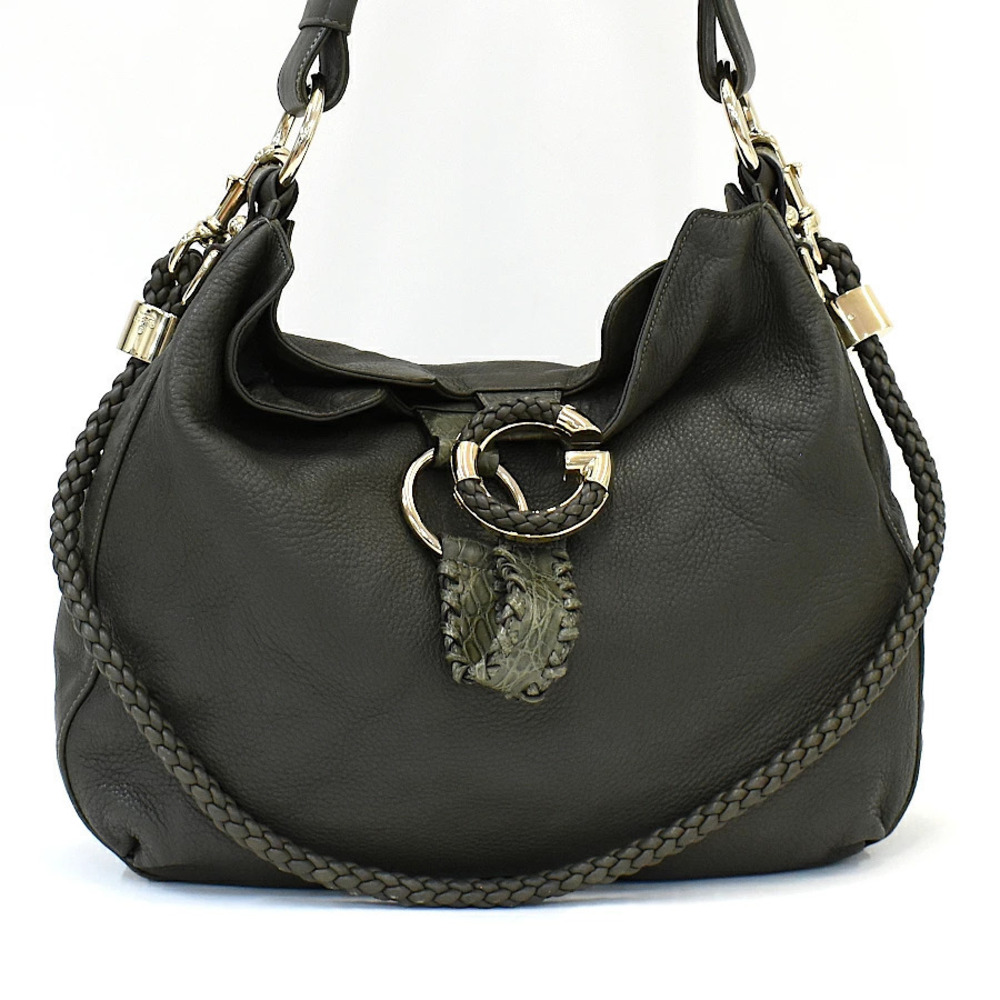Gucci G New Wave Hobo Shoulder Bag Embossed Leather Dark Green